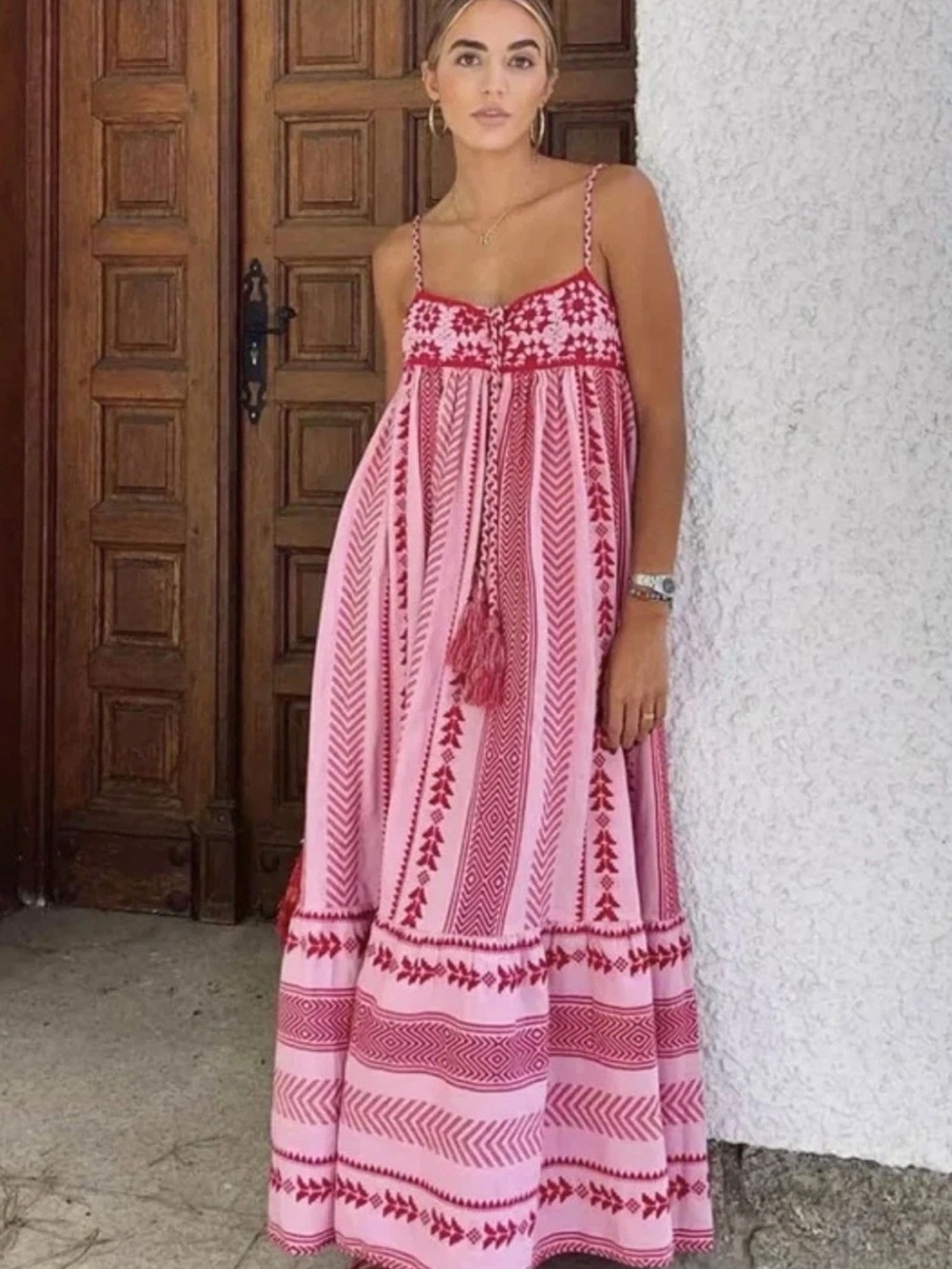 Zara Pink and Red Embroidered Maxi Dress